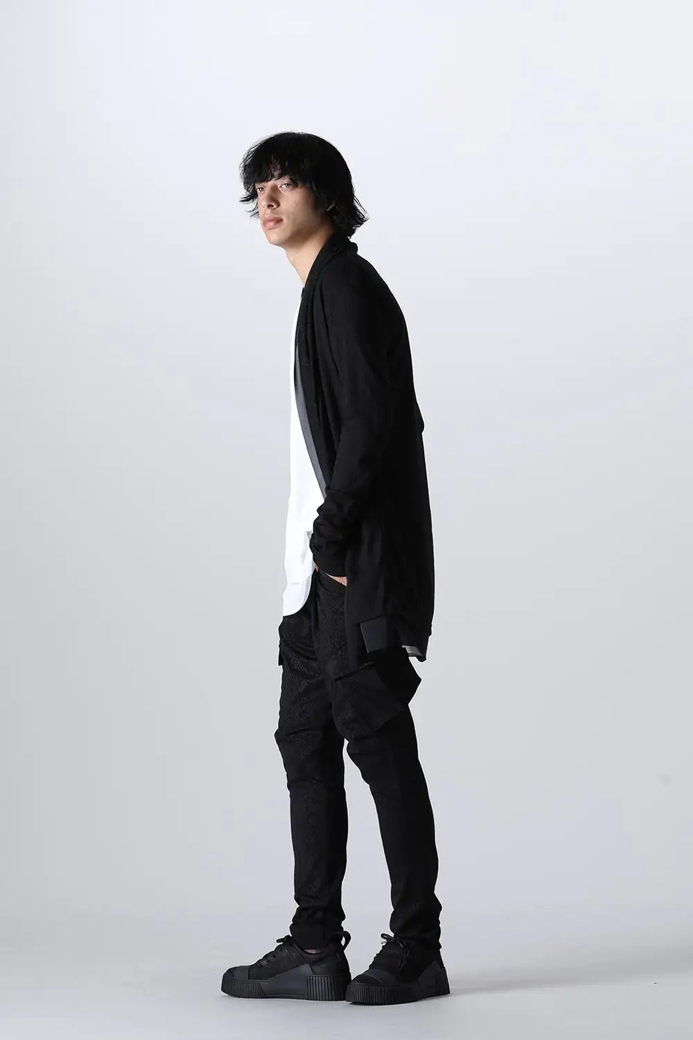 Layered Shawl Cardigan Black&Black