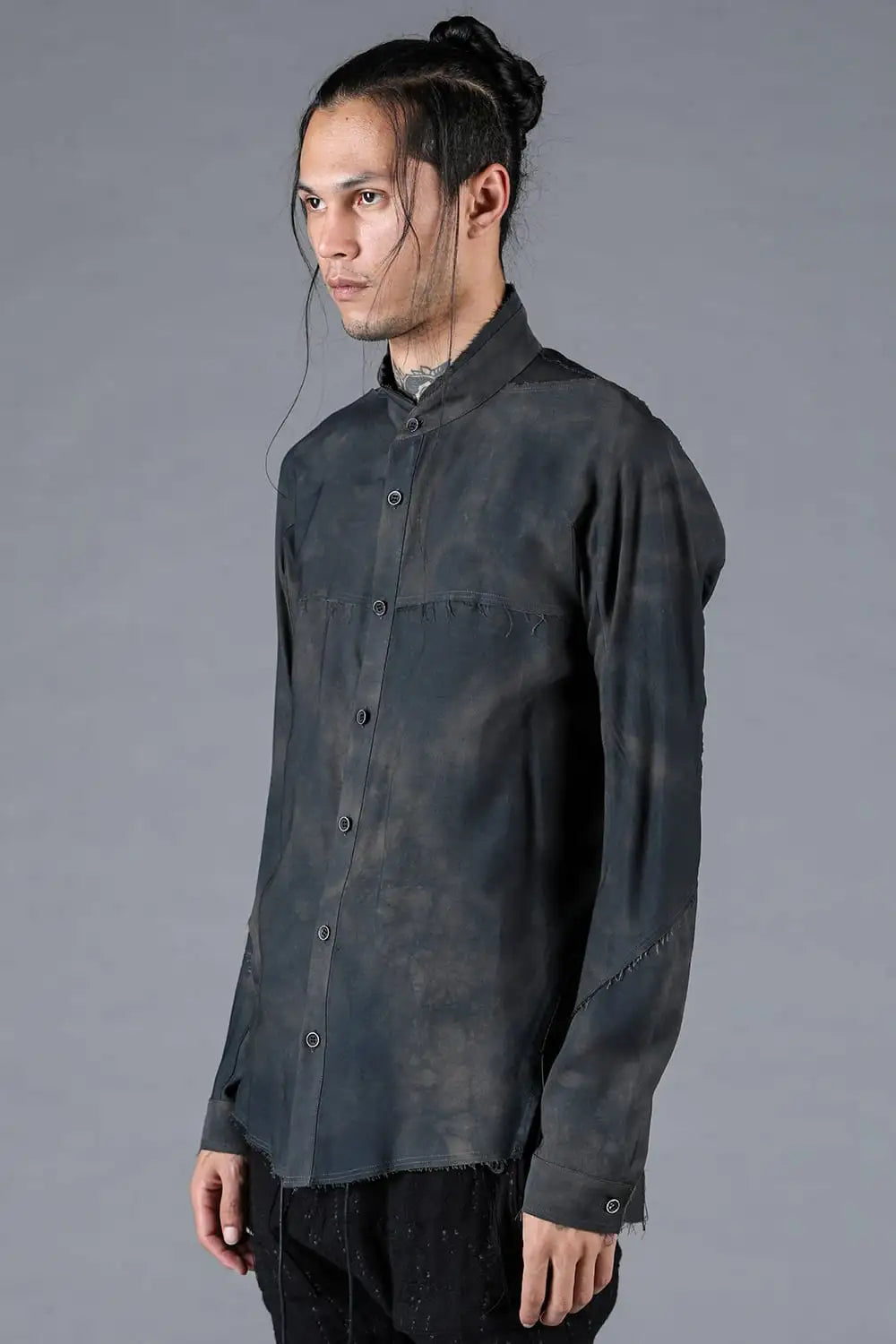 Rayon Twill Cut-Off Band Collar Shirt Black