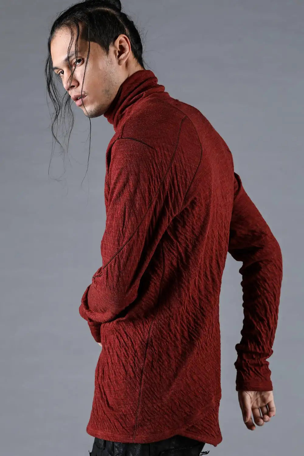 Wool x Cotton Double-Faced High-Neck Long Sleeve T-Shirt Red