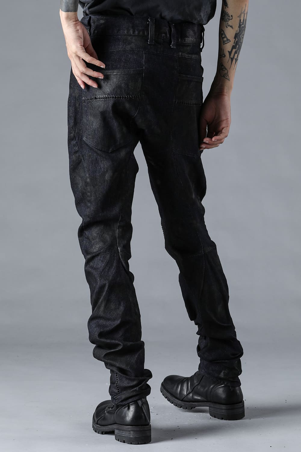 Coated Stretch Denim Overlock Twisted Curve Slim Pants