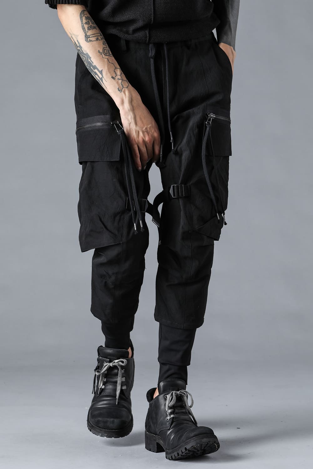 塩縮ワッシャードビーボーダーレイヤードカーゴパンツ