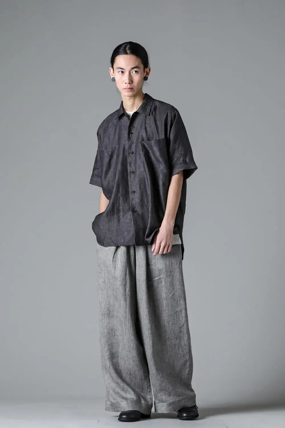 SHORT SLEEVE SHIRT	Linen Herringbone BLACK×DK GREY