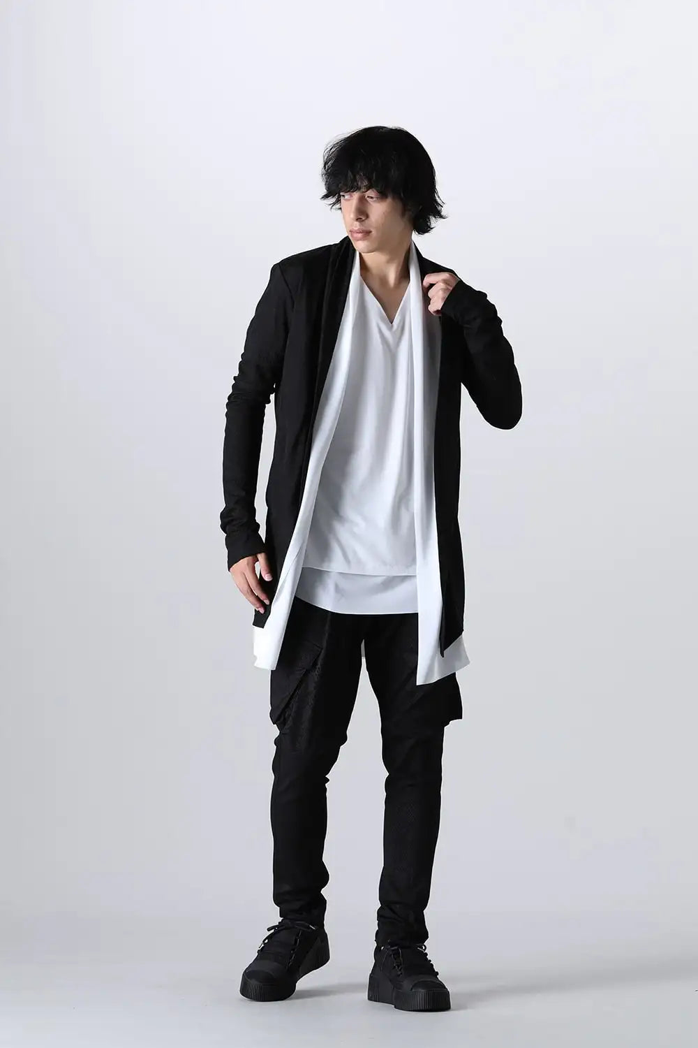 Layered Shawl Cardigan Black＆White