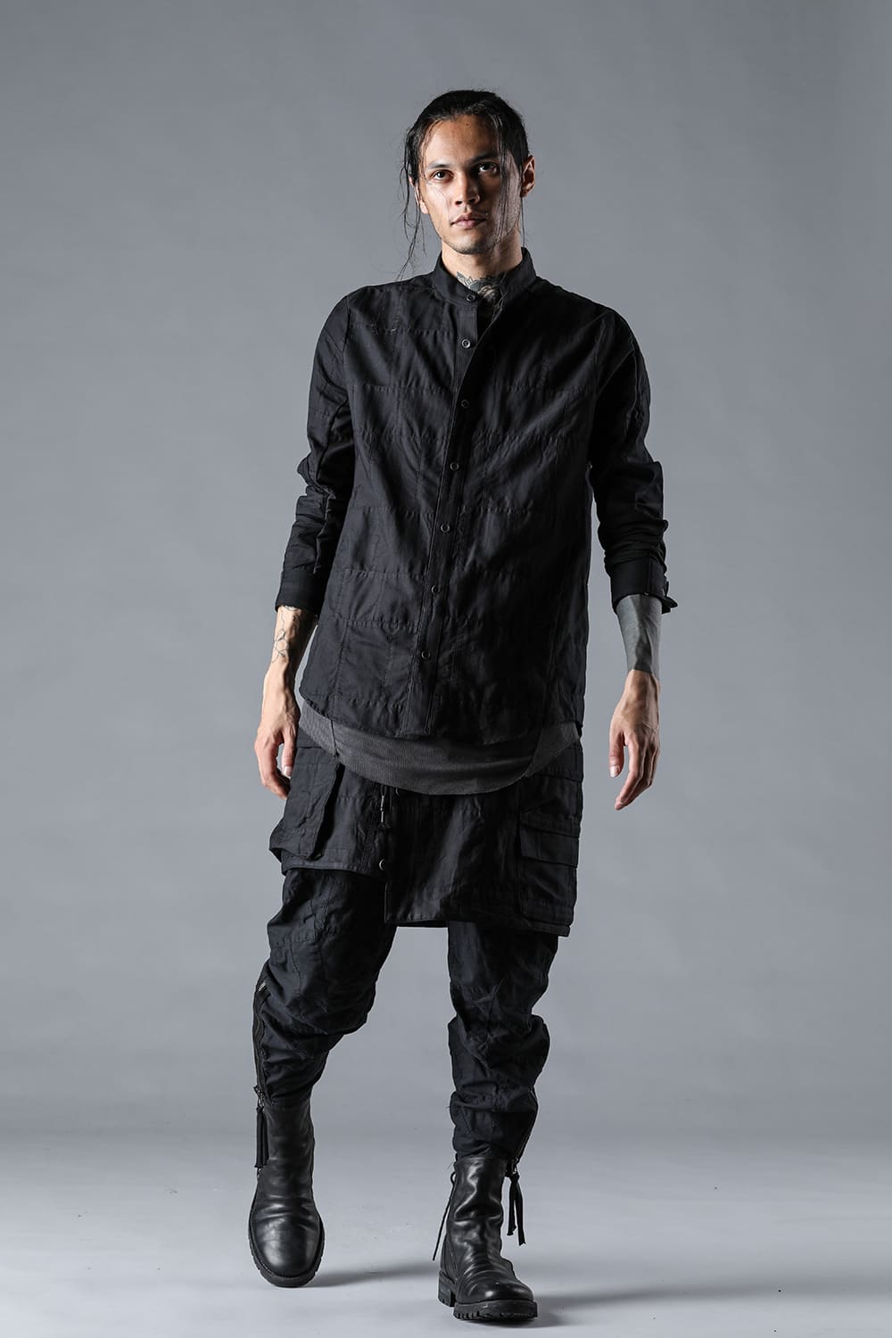 Patchwork Band Collar Shirt