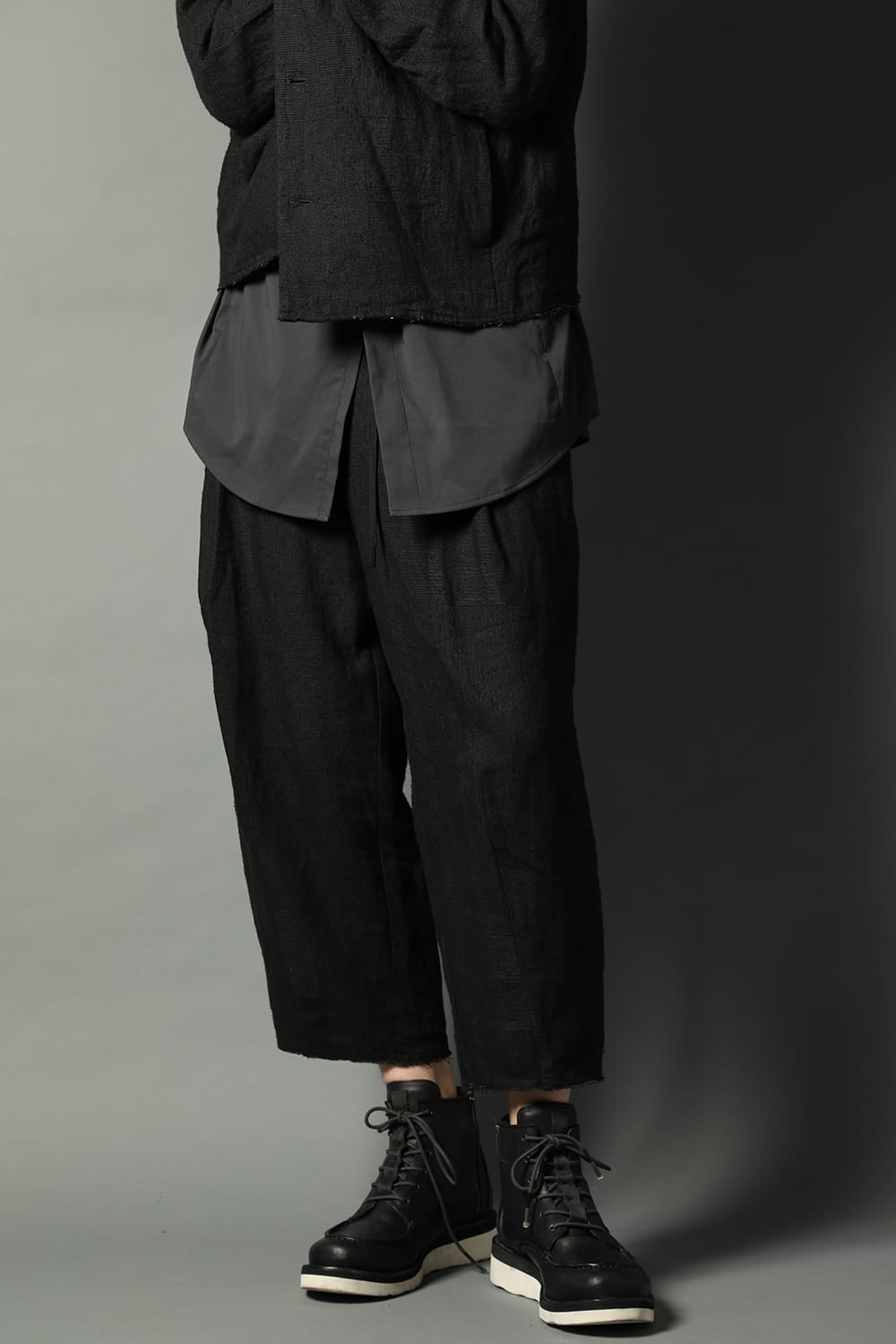 Baggy cropped pants silk linen crazy check  Black