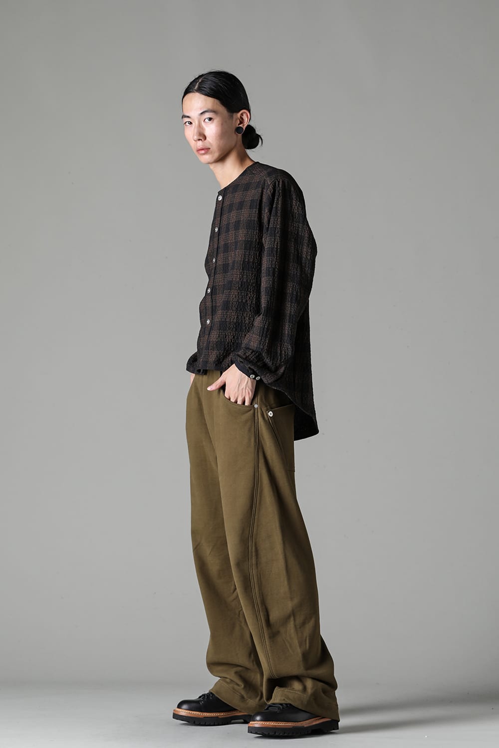 No Collar Shirt Wool Check