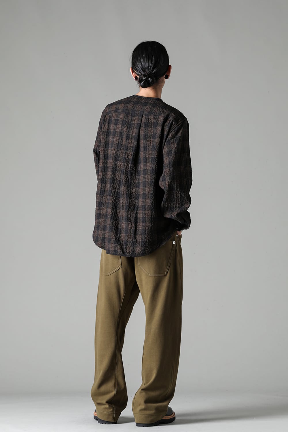 No Collar Shirt Wool Check