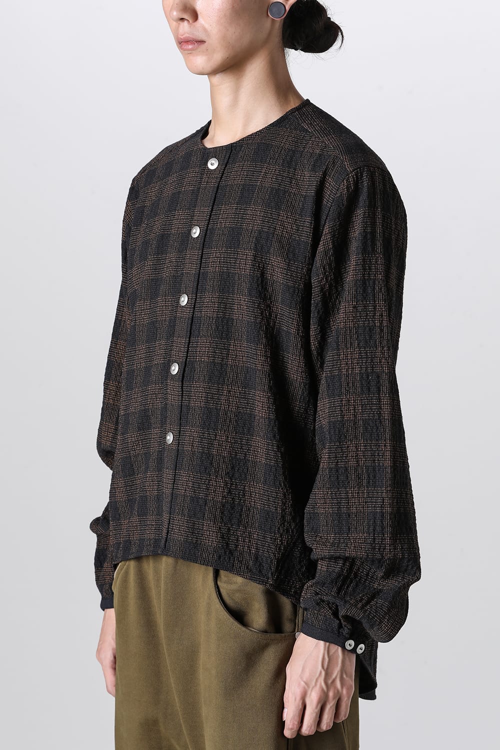 No Collar Shirt Wool Check