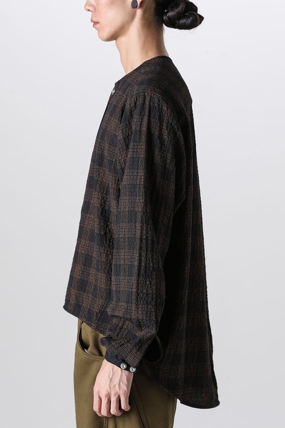 No Collar Shirt Wool Check