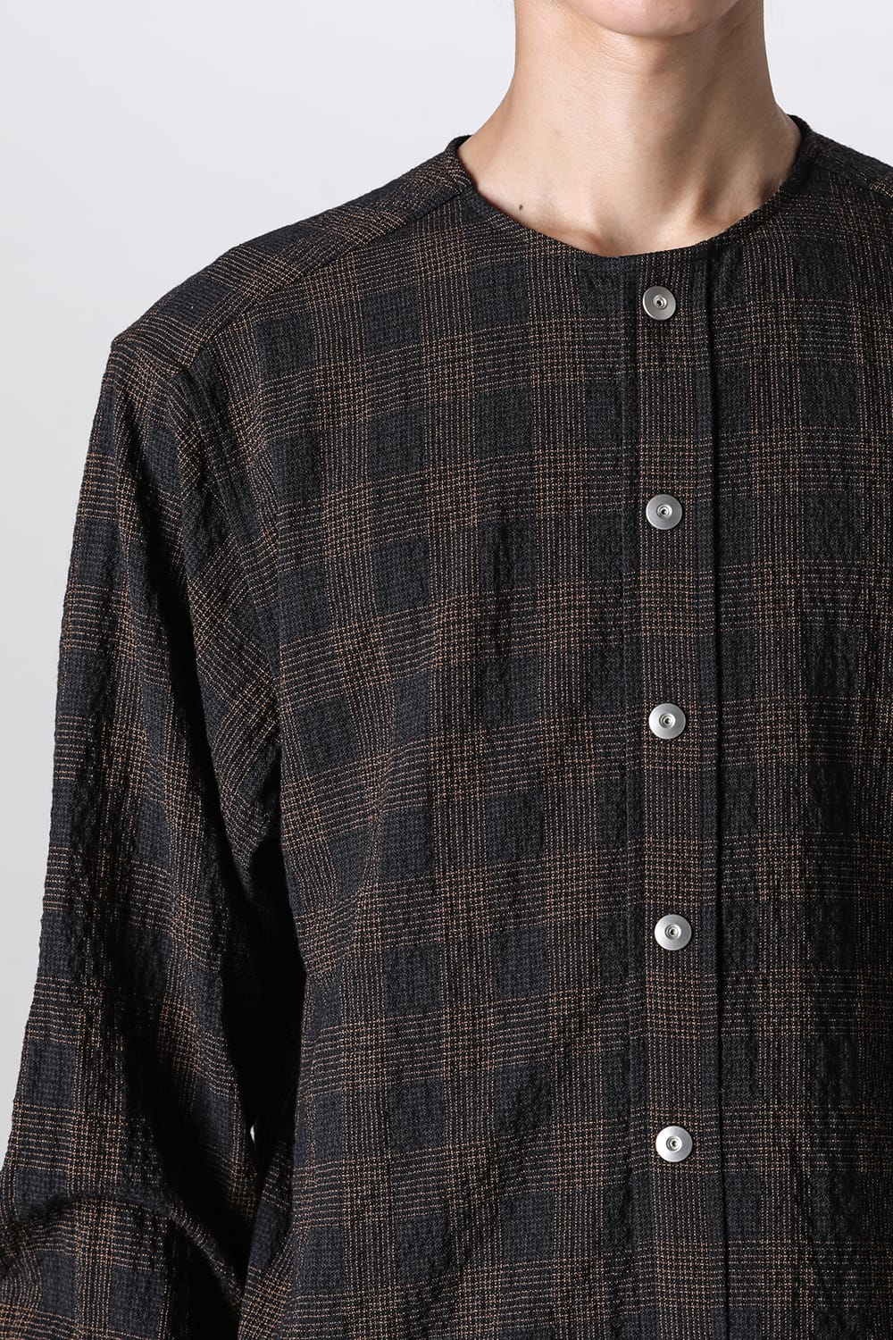 No Collar Shirt Wool Check