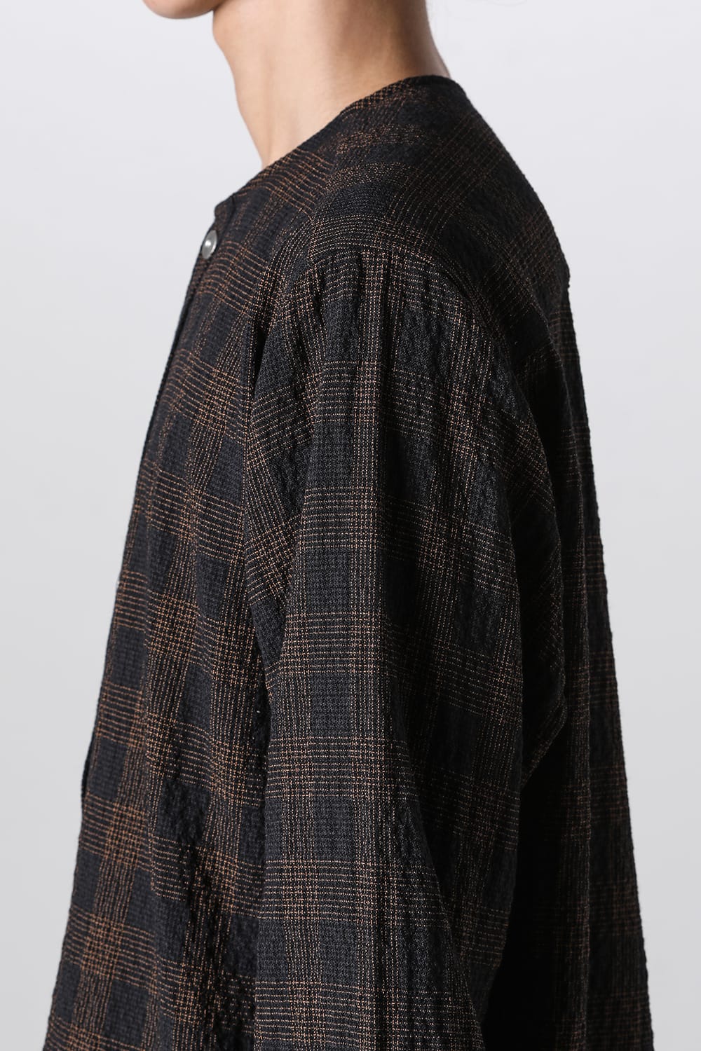 No Collar Shirt Wool Check