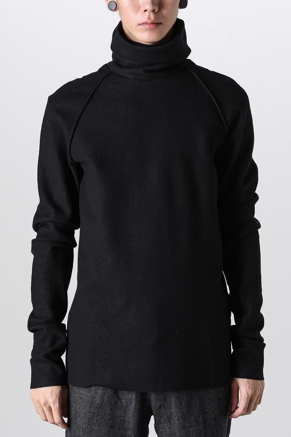 High Neck Long Sleeve T-Shirt Compressed Washer Wool Jersey Black