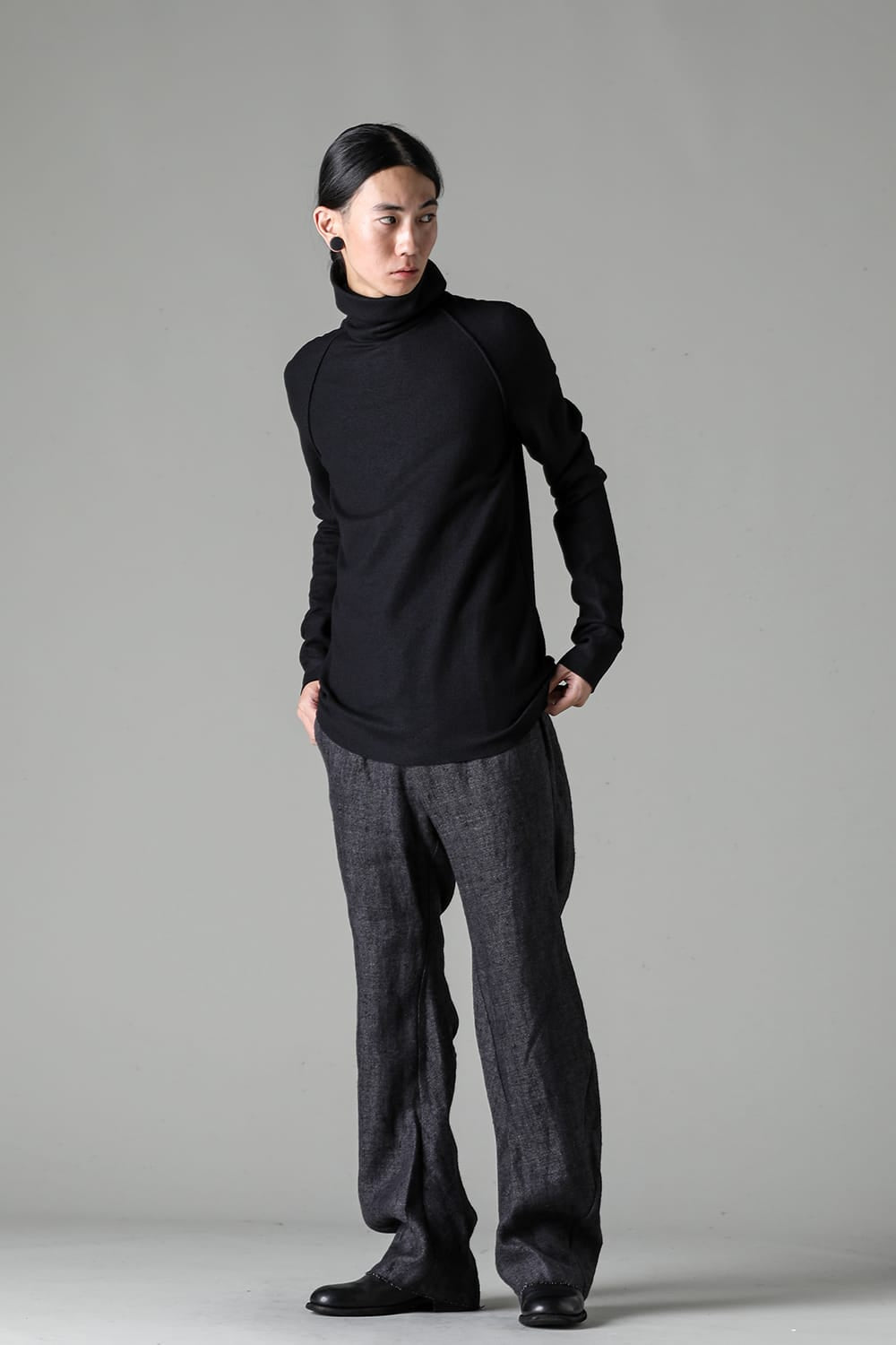 High Neck Long Sleeve T-Shirt Compressed Washer Wool Jersey Black