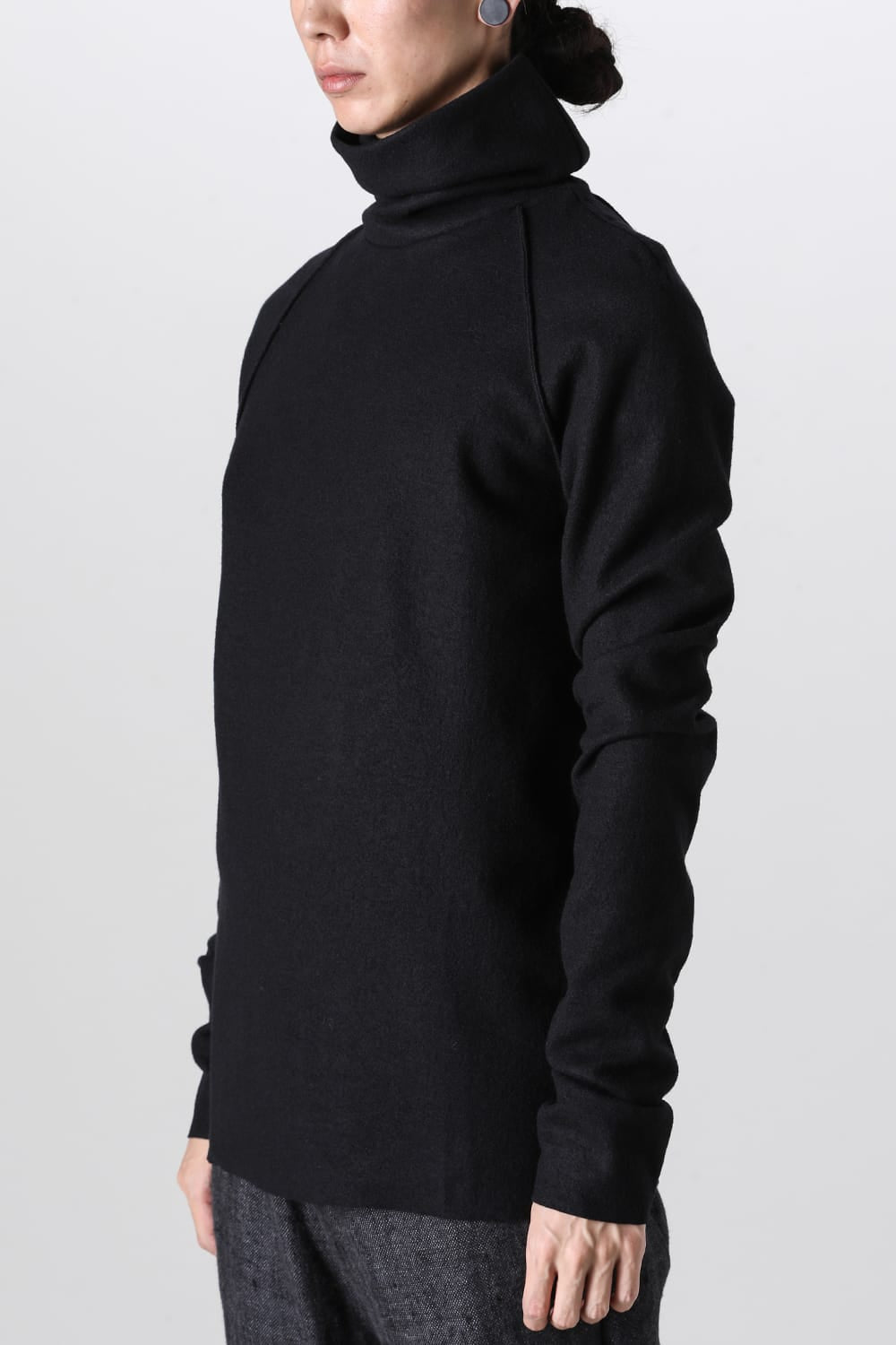 High Neck Long Sleeve T-Shirt Compressed Washer Wool Jersey Black
