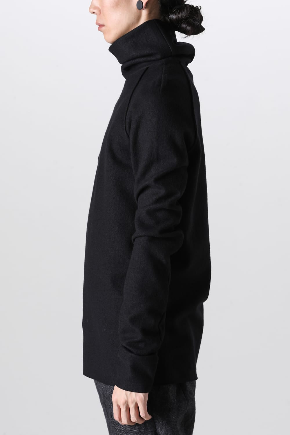 High Neck Long Sleeve T-Shirt Compressed Washer Wool Jersey Black