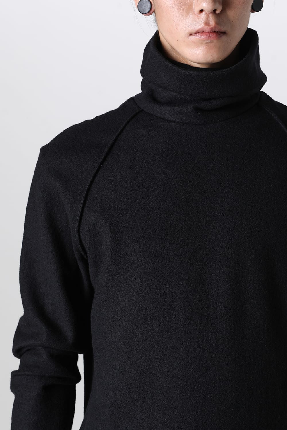 High Neck Long Sleeve T-Shirt Compressed Washer Wool Jersey Black