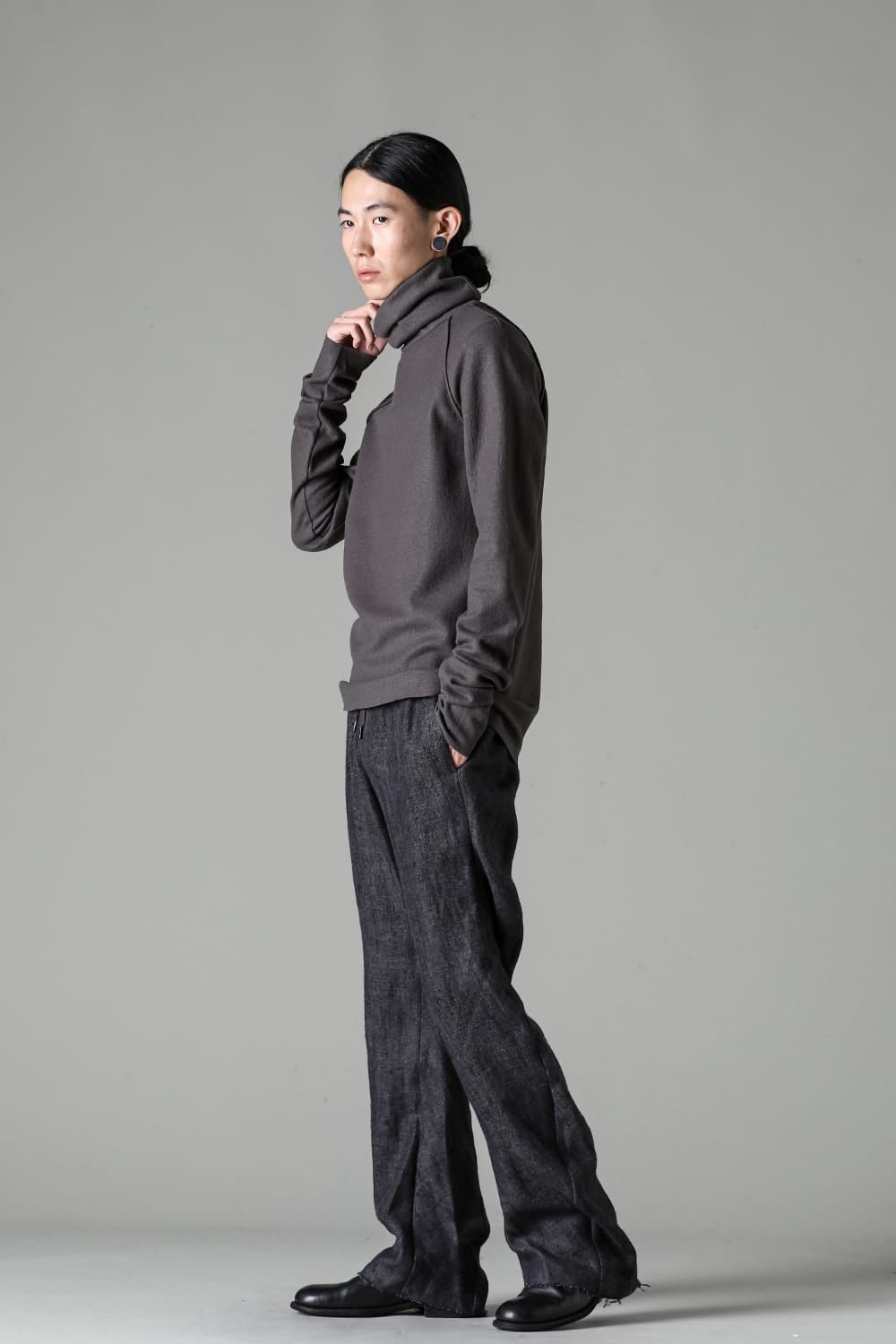 High Neck Long Sleeve T-Shirt Compressed Washer Wool Jersey Charcoal