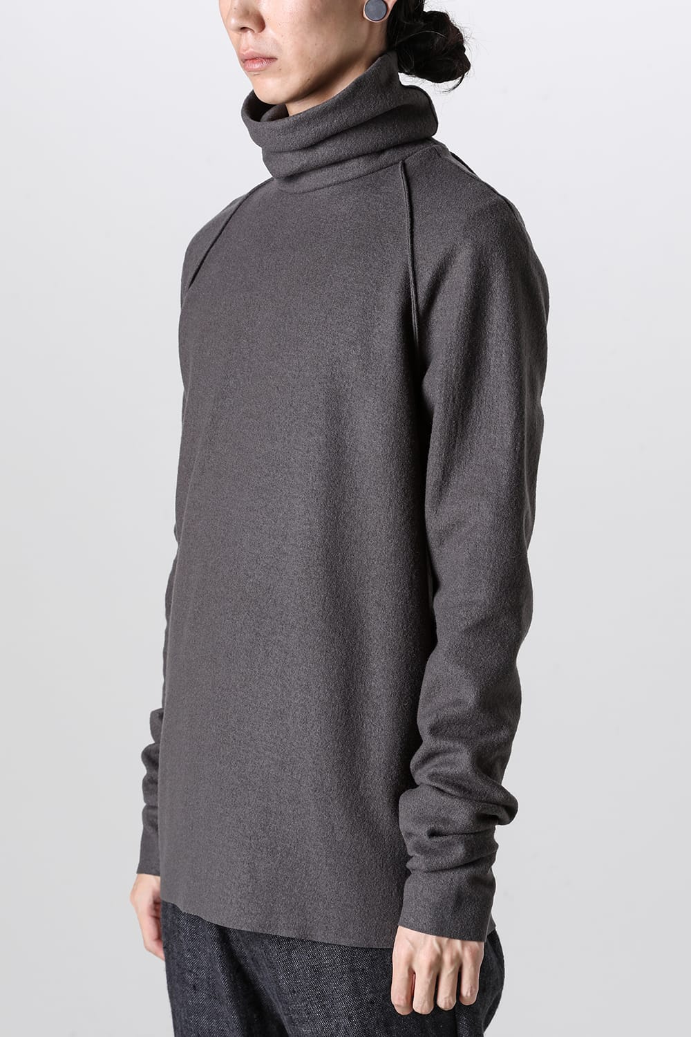 High Neck Long Sleeve T-Shirt Compressed Washer Wool Jersey Charcoal