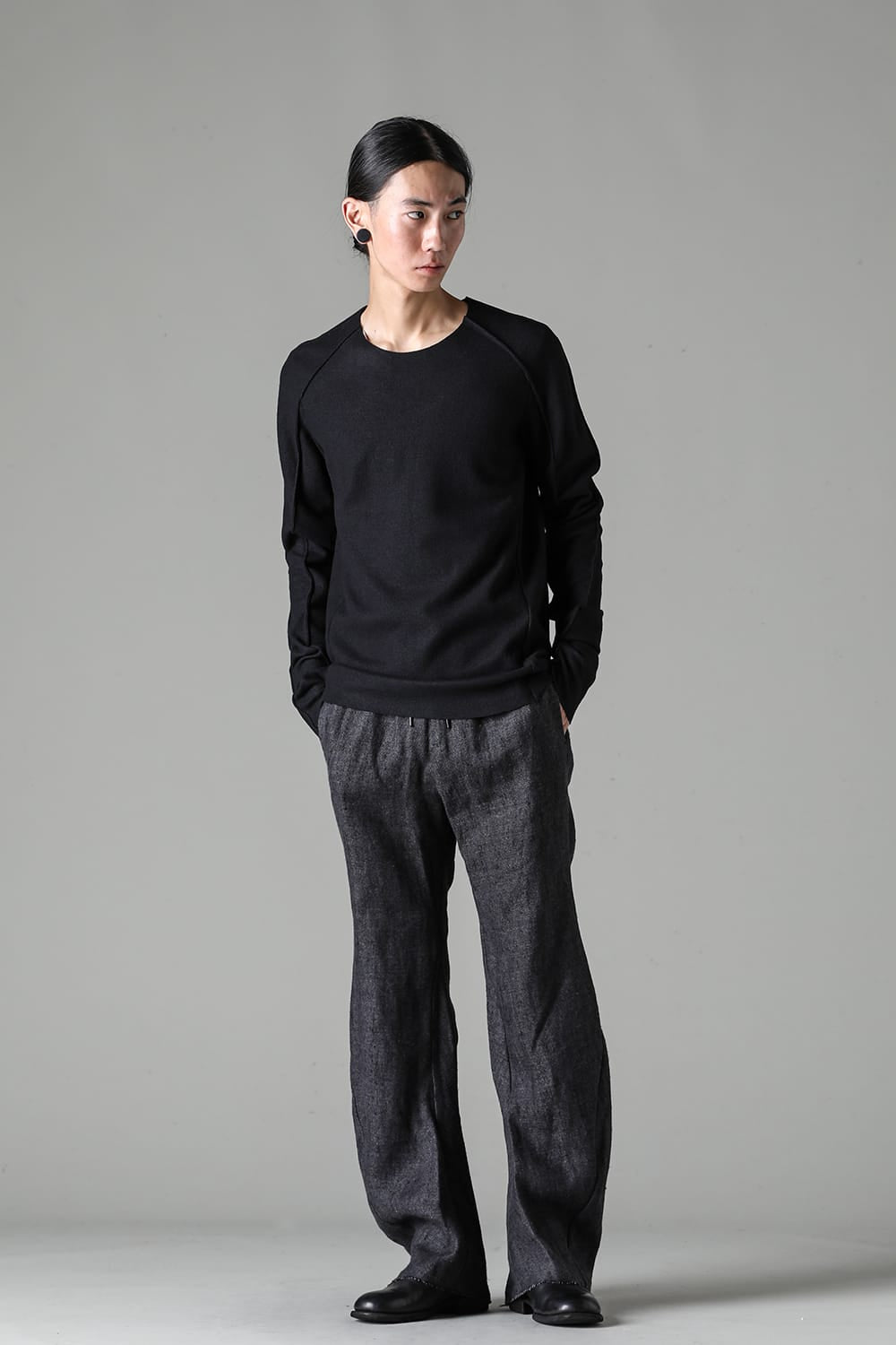 Basic Long Sleeve T-Shirt Compressed Washer Wool Jersey Black