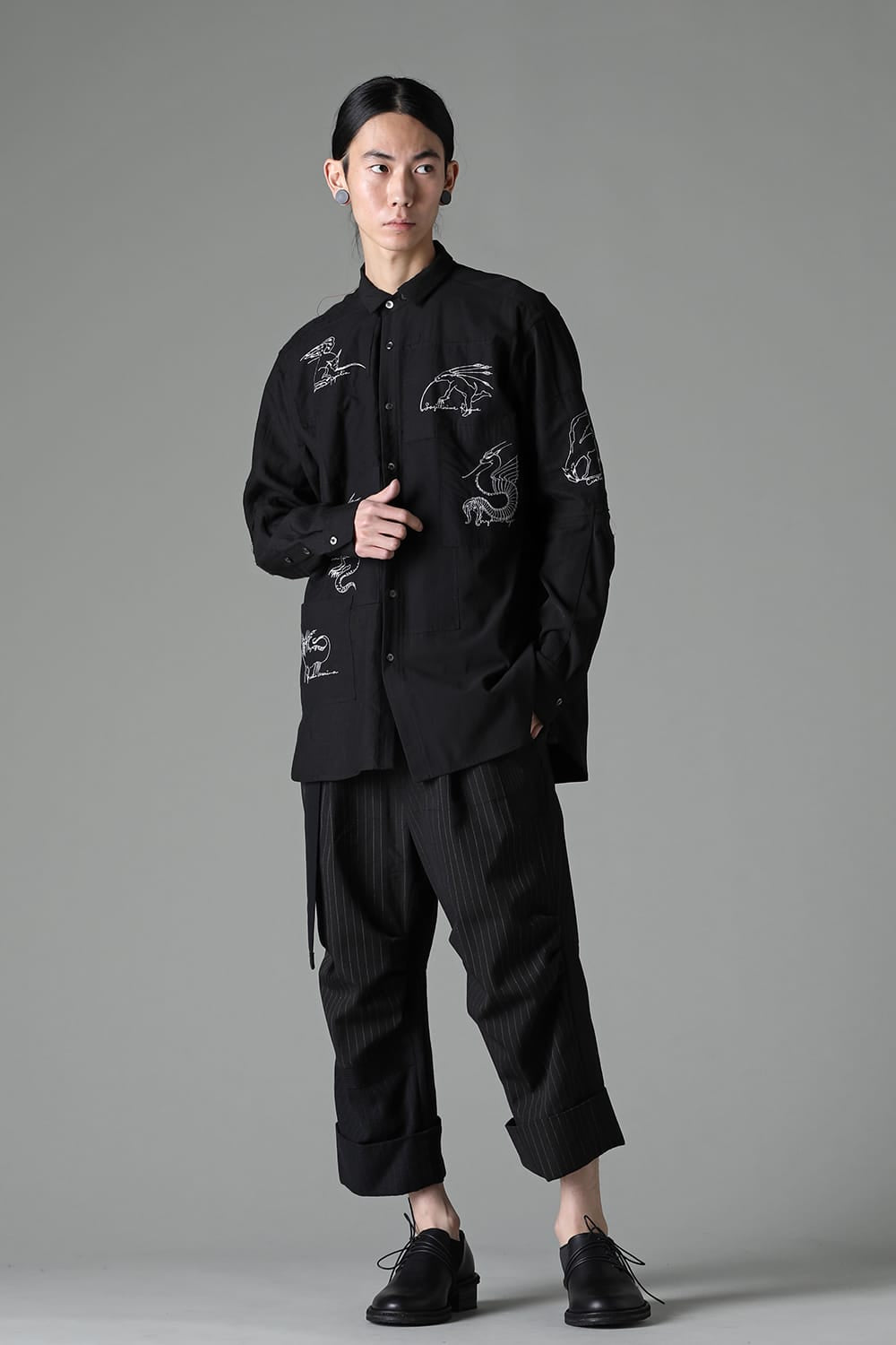 PATCHED WIDE CROPPED TROUSERS BLACK / RED STITCH