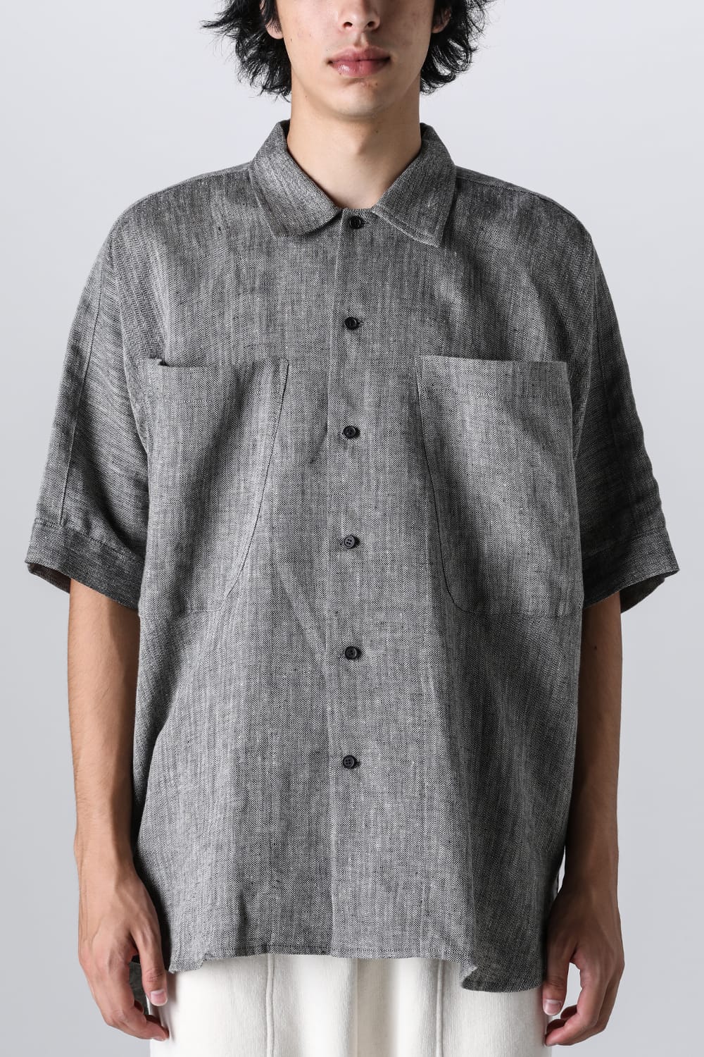 SHORT SLEEVE SHIRT	Linen Herringbone WHITE×BLACK