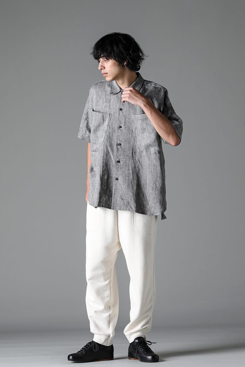 SHORT SLEEVE SHIRT	Linen Herringbone WHITE×BLACK