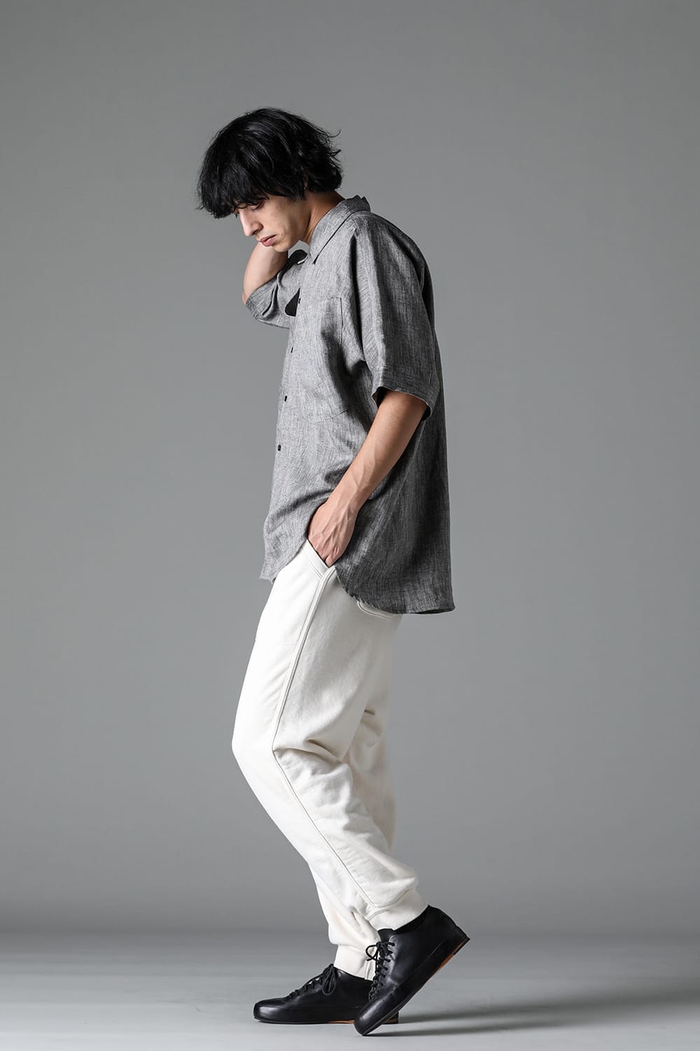 SHORT SLEEVE SHIRT	Linen Herringbone WHITE×BLACK