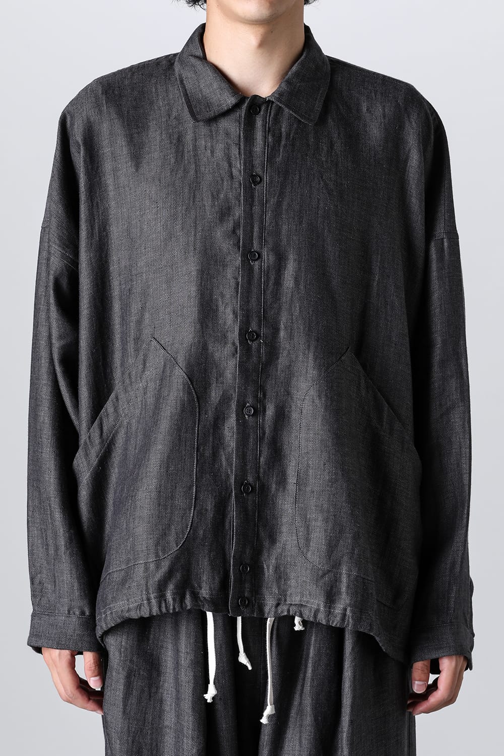 BALLOON SHIRT Linen Herringbone BLACK×DK GREY