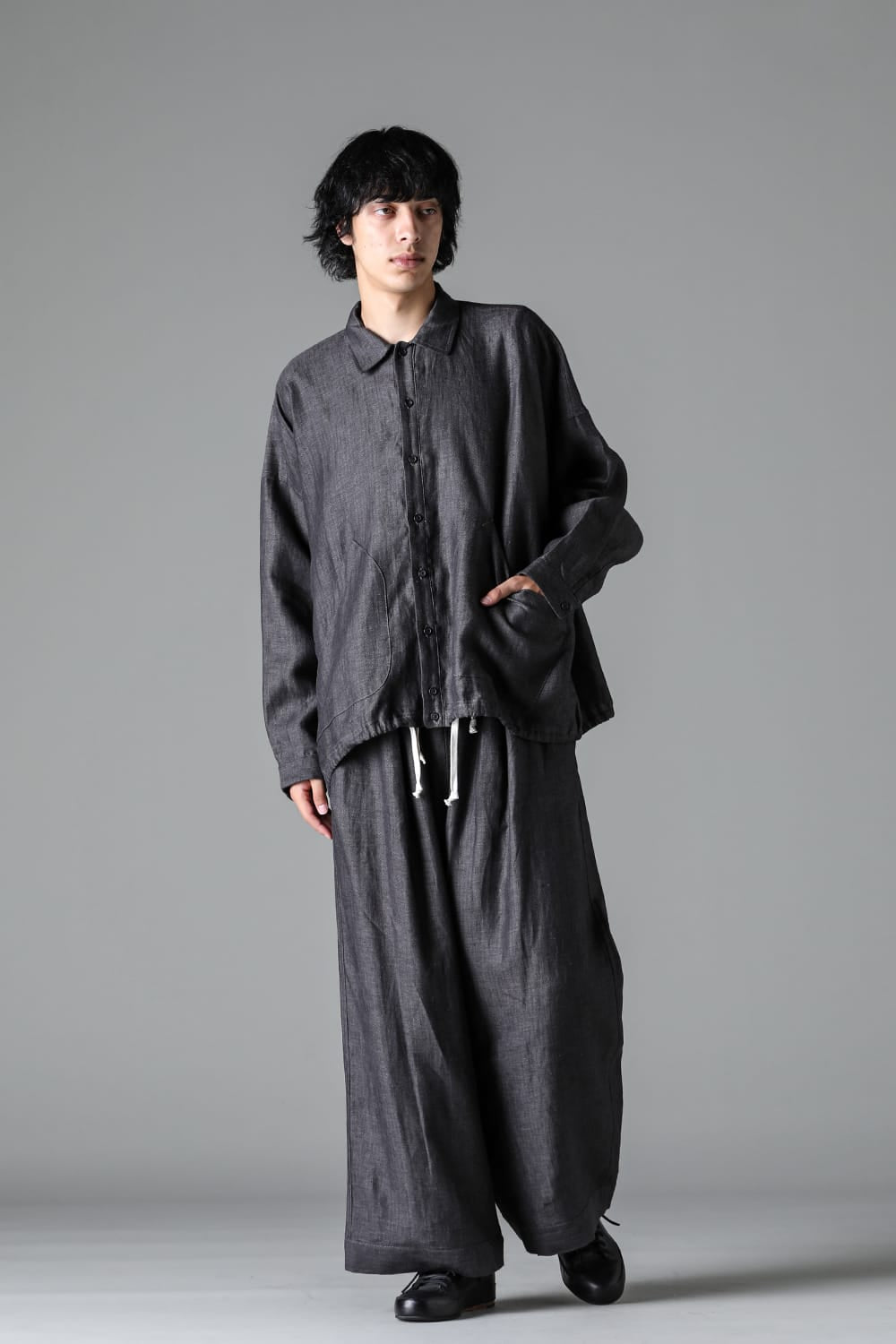 BALLOON SHIRT Linen Herringbone BLACK×DK GREY