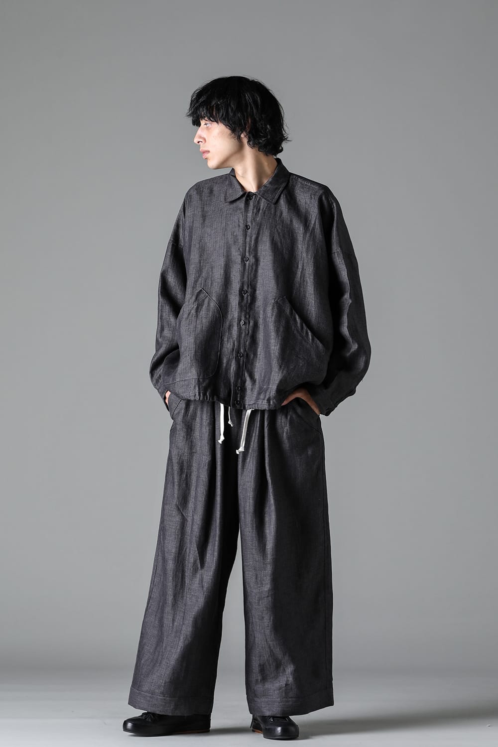 BALLOON SHIRT Linen Herringbone BLACK×DK GREY