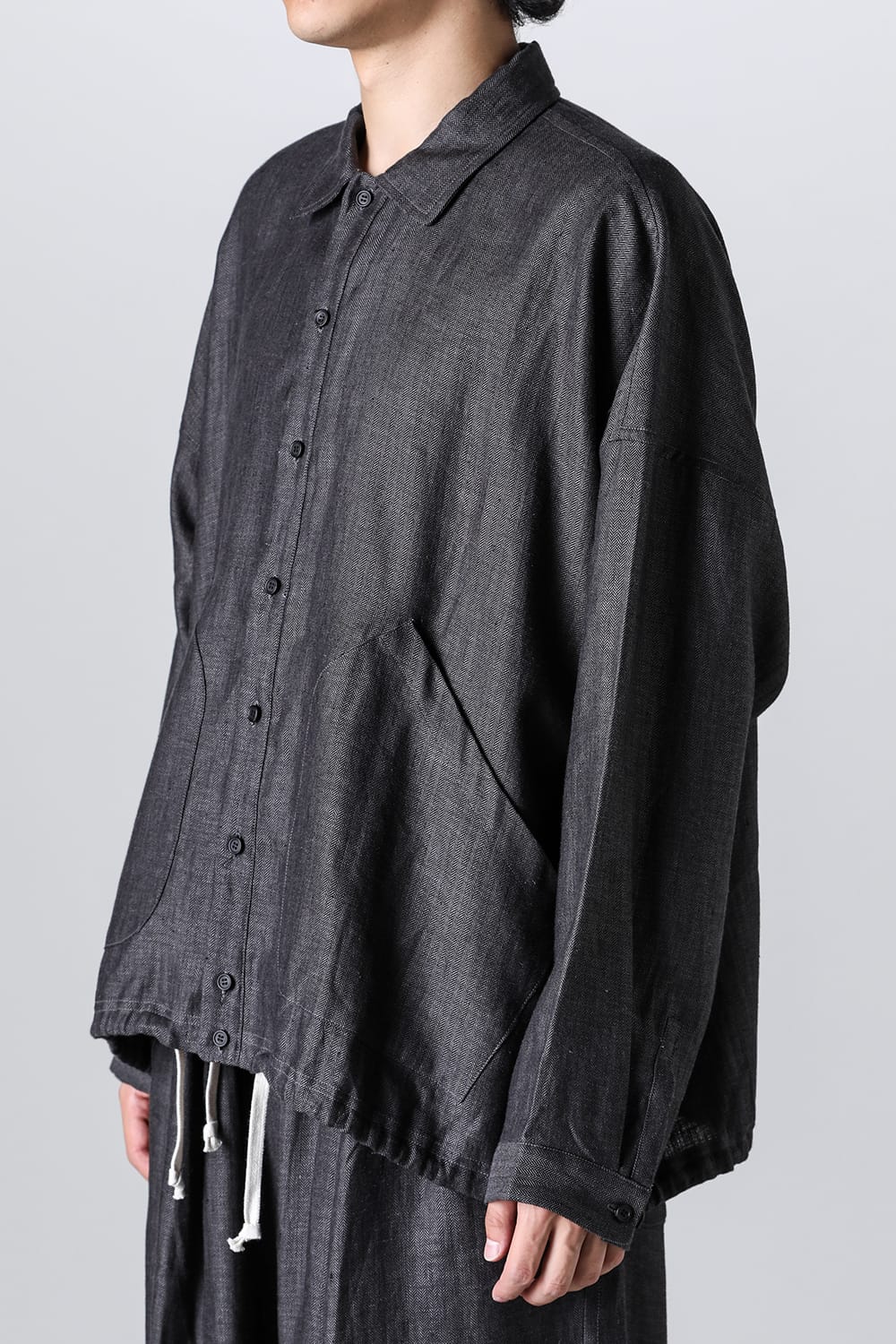 BALLOON SHIRT Linen Herringbone BLACK×DK GREY