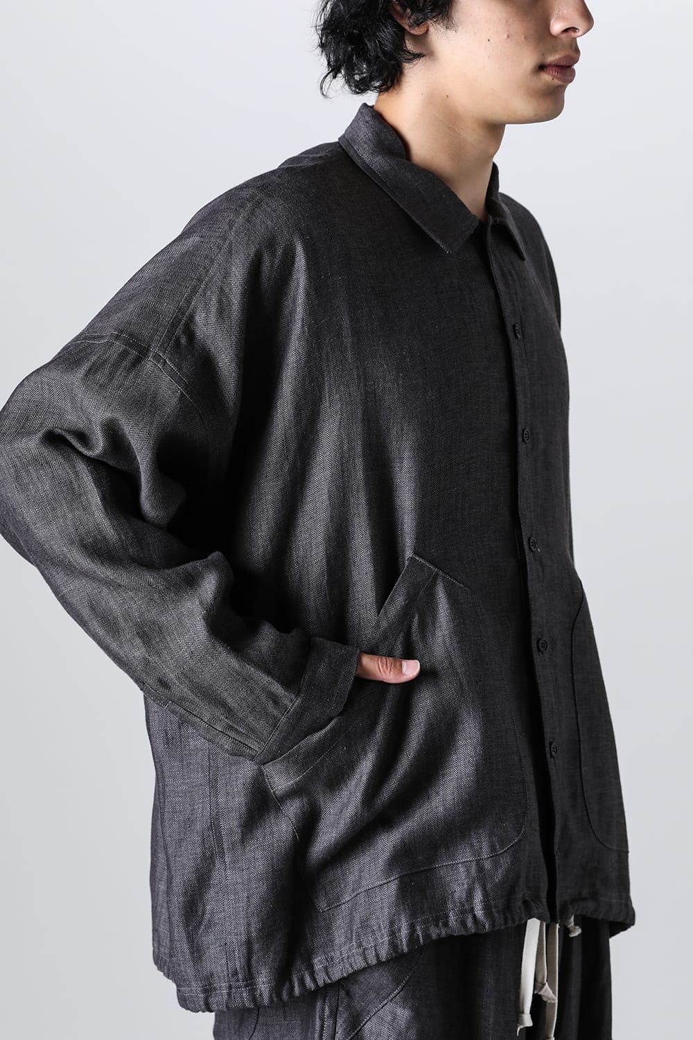 BALLOON SHIRT Linen Herringbone BLACK×DK GREY