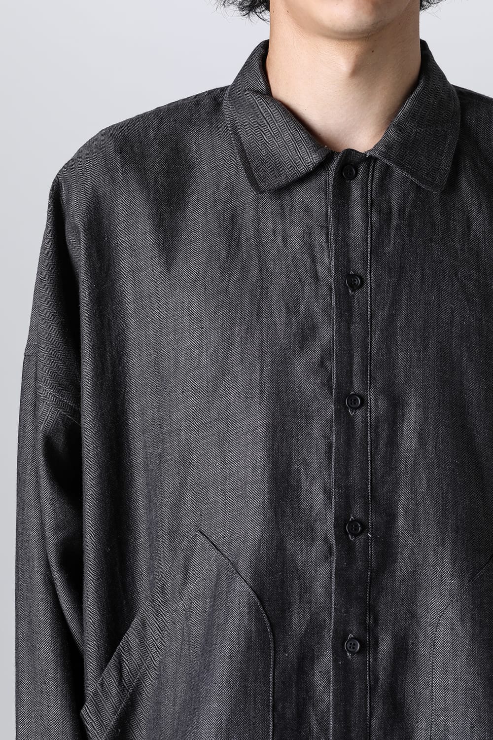 BALLOON SHIRT Linen Herringbone BLACK×DK GREY