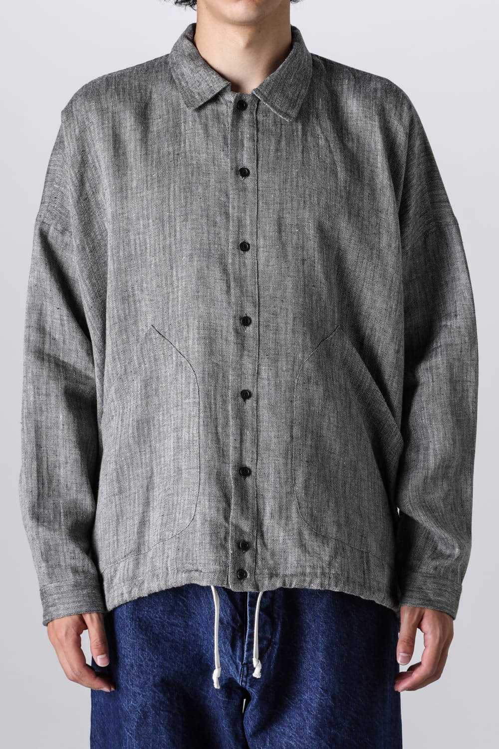 BALLOON SHIRT Linen Herringbone WHITE×BLACK