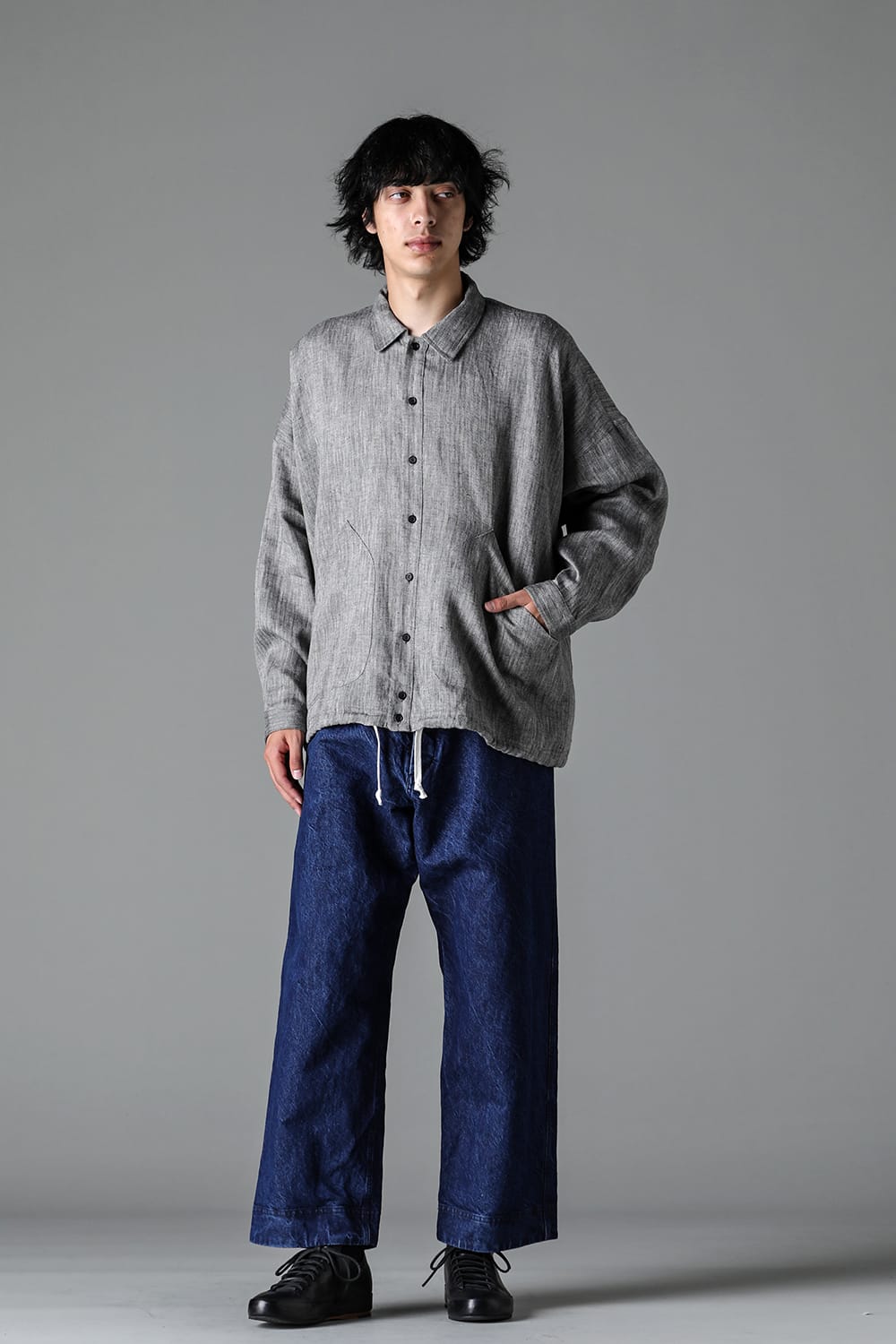 BALLOON SHIRT Linen Herringbone WHITE×BLACK