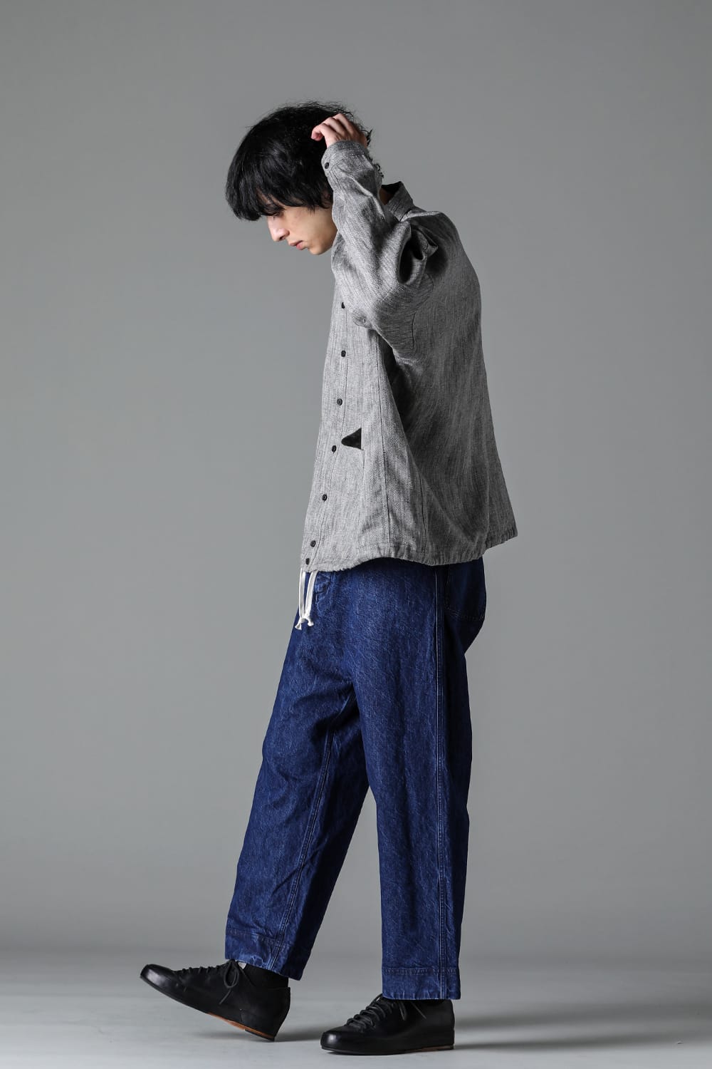 BALLOON SHIRT Linen Herringbone WHITE×BLACK