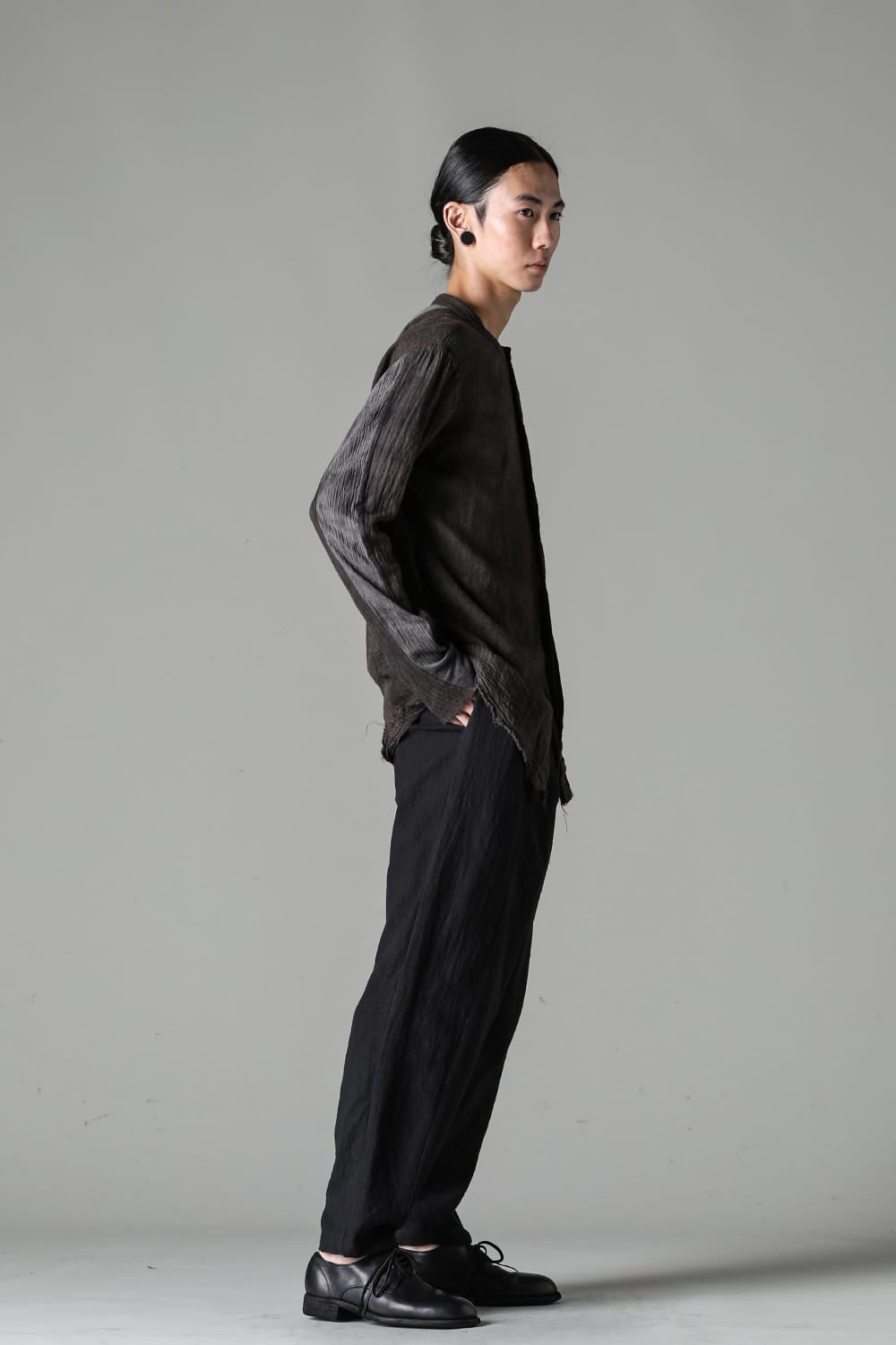 マンダリンカラー ハンドダイパッチワークシャツ