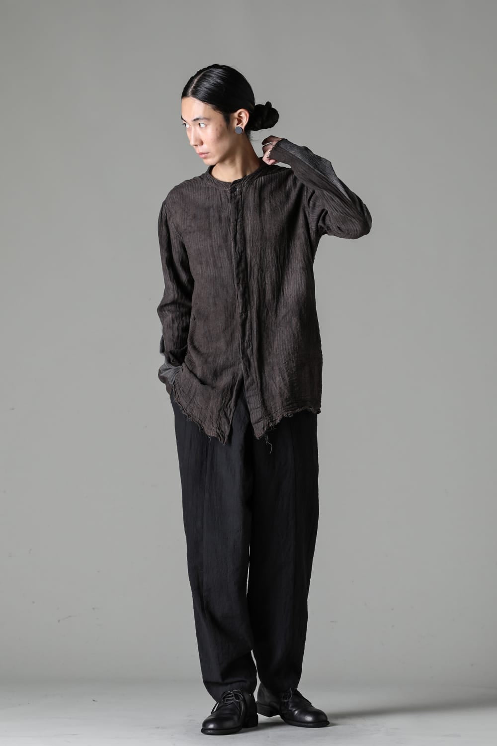 マンダリンカラー ハンドダイパッチワークシャツ