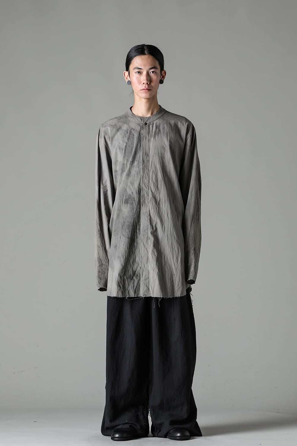 マンダリンカラー ハンドダイパッチワークシャツ