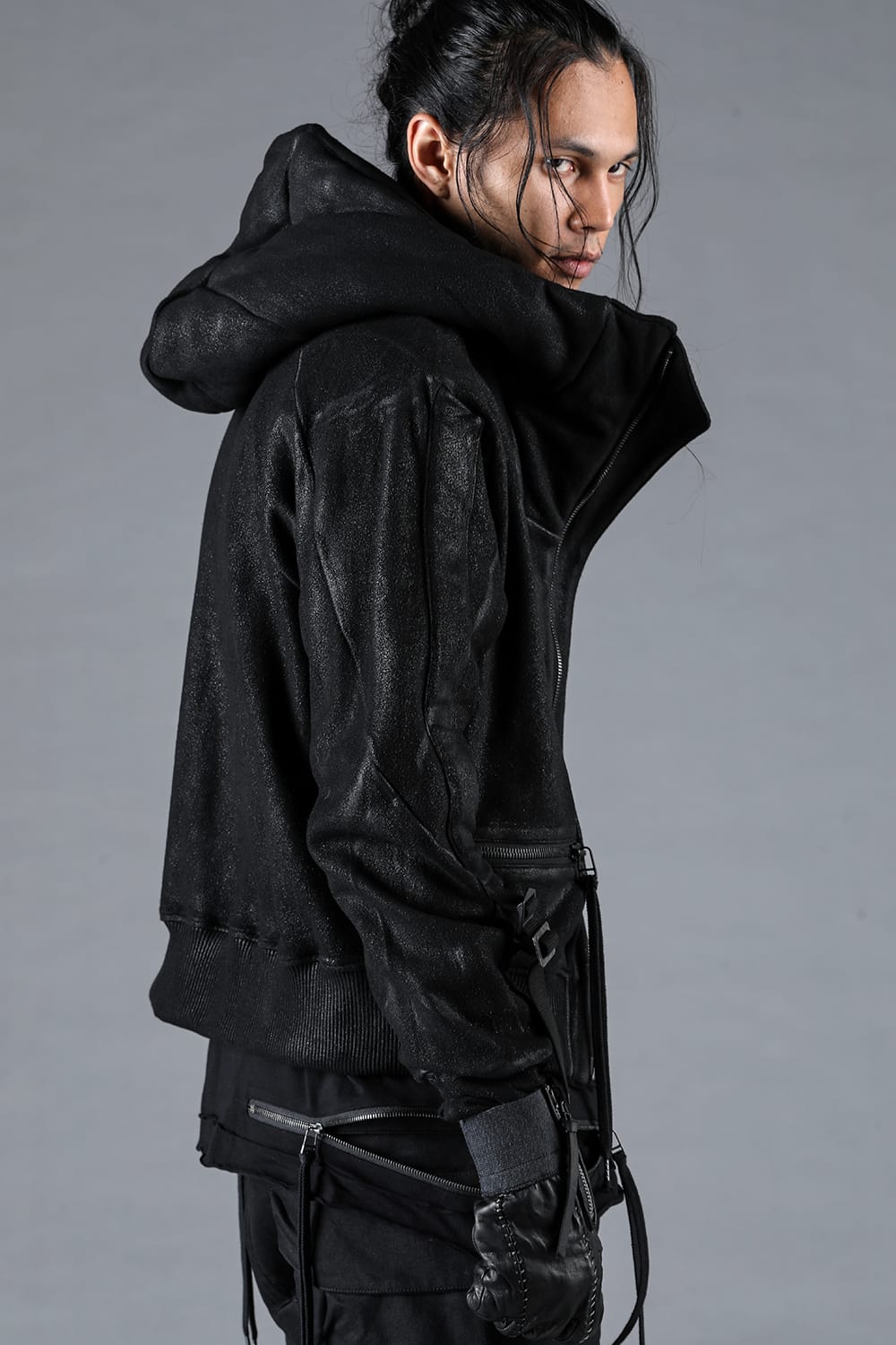 Untwisted Yarn Backed Coating Cropped Hooded Jacket