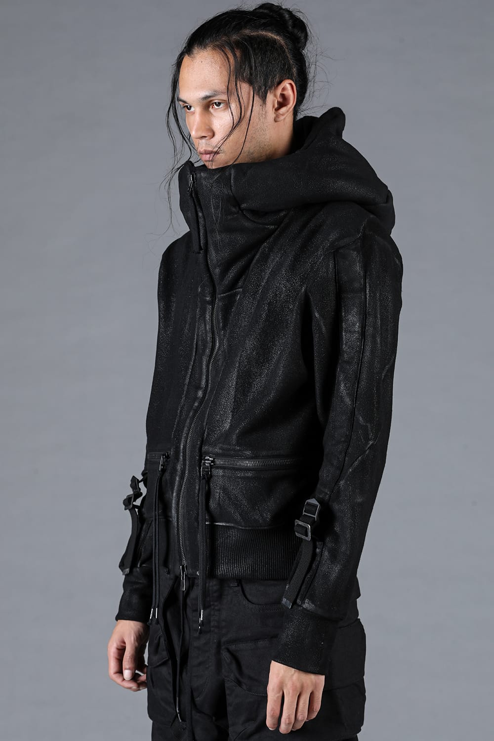 Untwisted Yarn Backed Coating Cropped Hooded Jacket