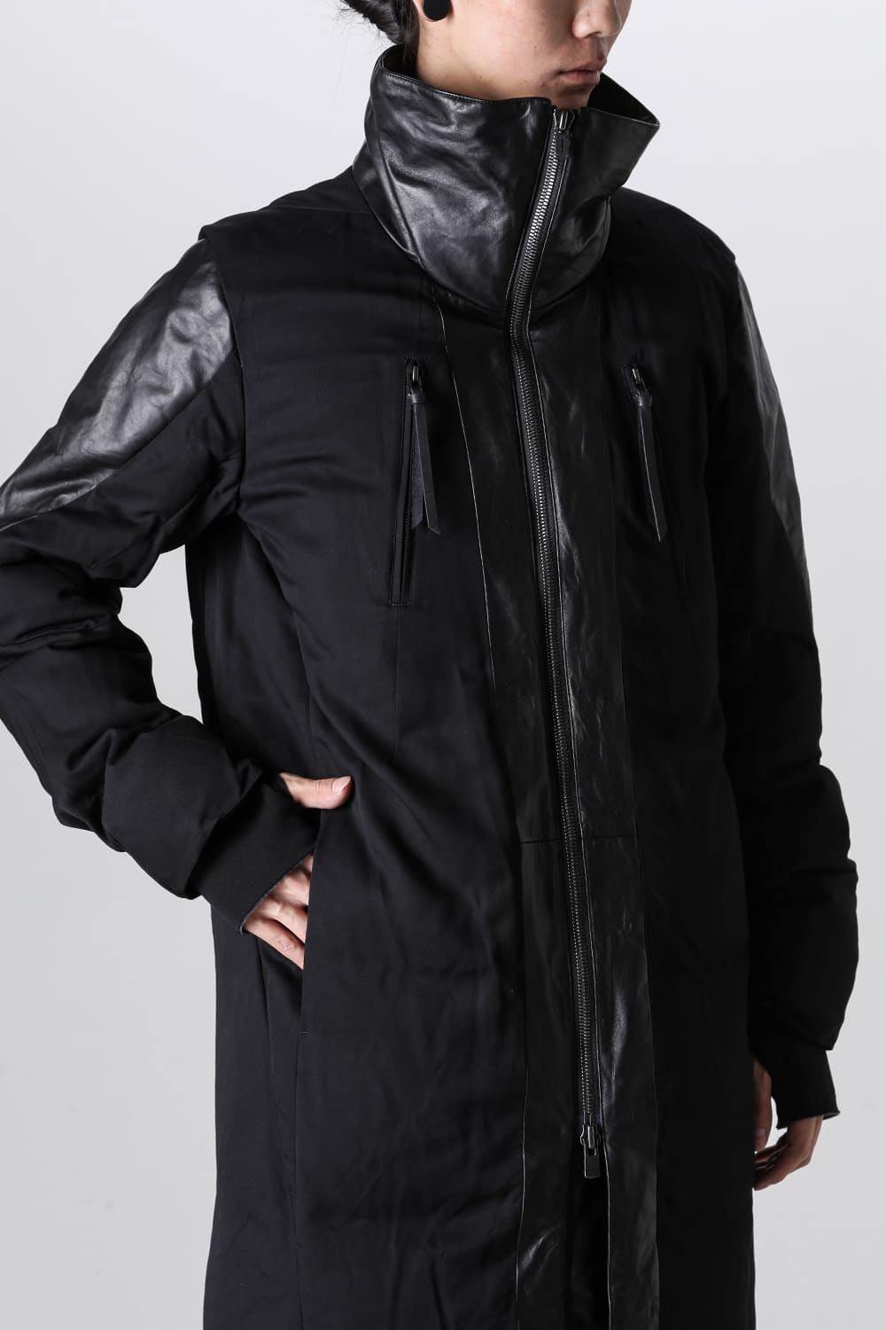 Horse Leather x Rayon Twill White Goose Down Coat  Black