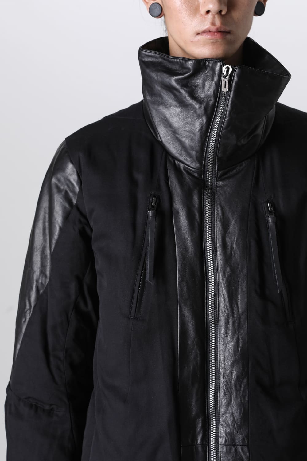 Horse Leather x Rayon Twill White Goose Down Coat  Black