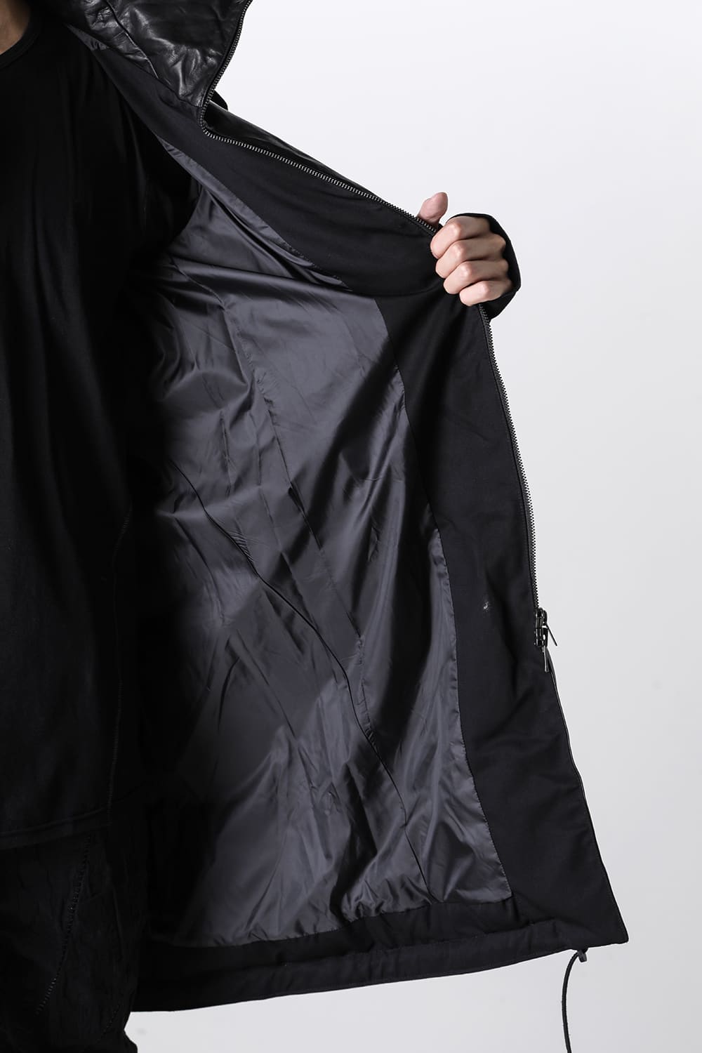 Horse Leather x Rayon Twill White Goose Down Coat  Black