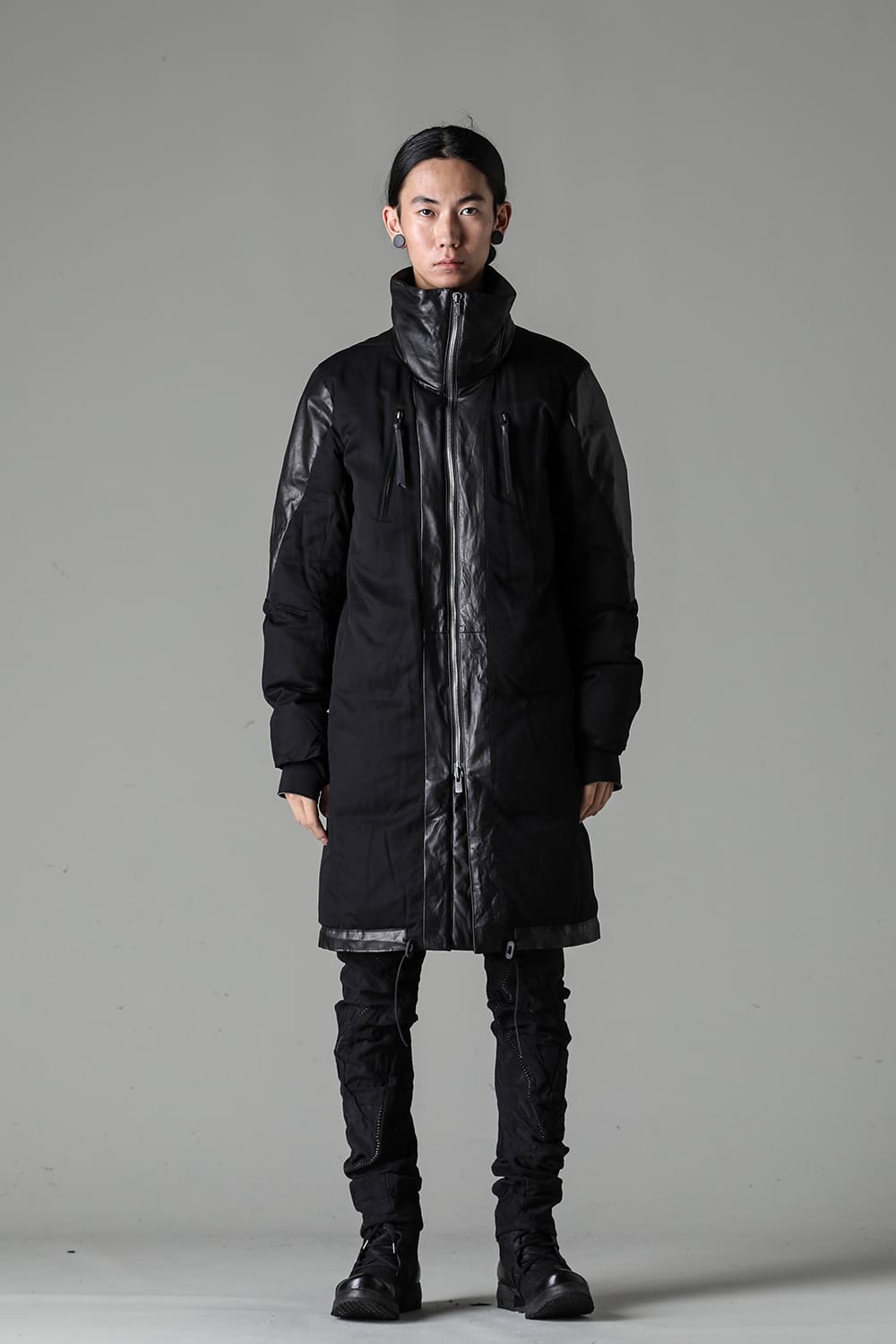 Horse Leather x Rayon Twill White Goose Down Coat  Black
