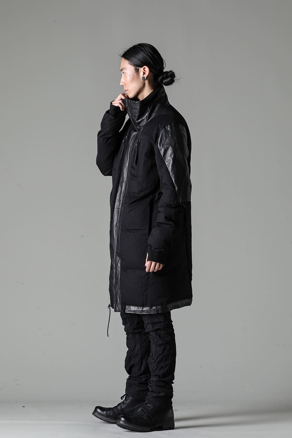 Horse Leather x Rayon Twill White Goose Down Coat  Black