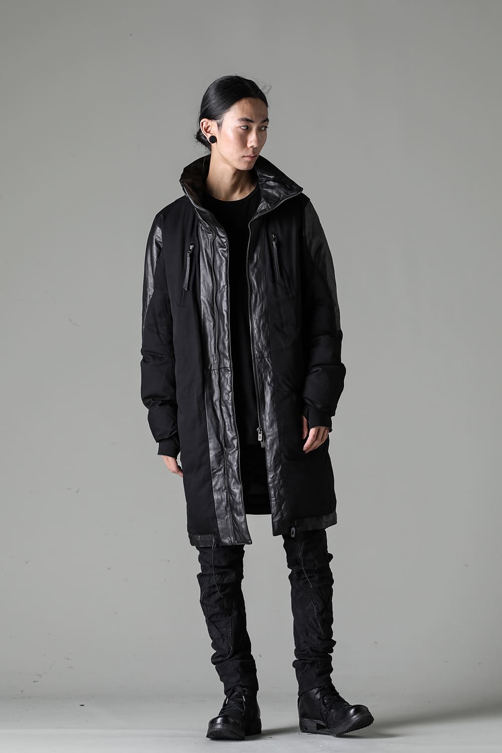 Horse Leather x Rayon Twill White Goose Down Coat  Black