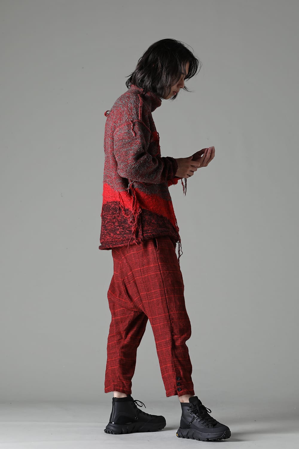 Wool/Linen Chech Drop Crotch Trousers