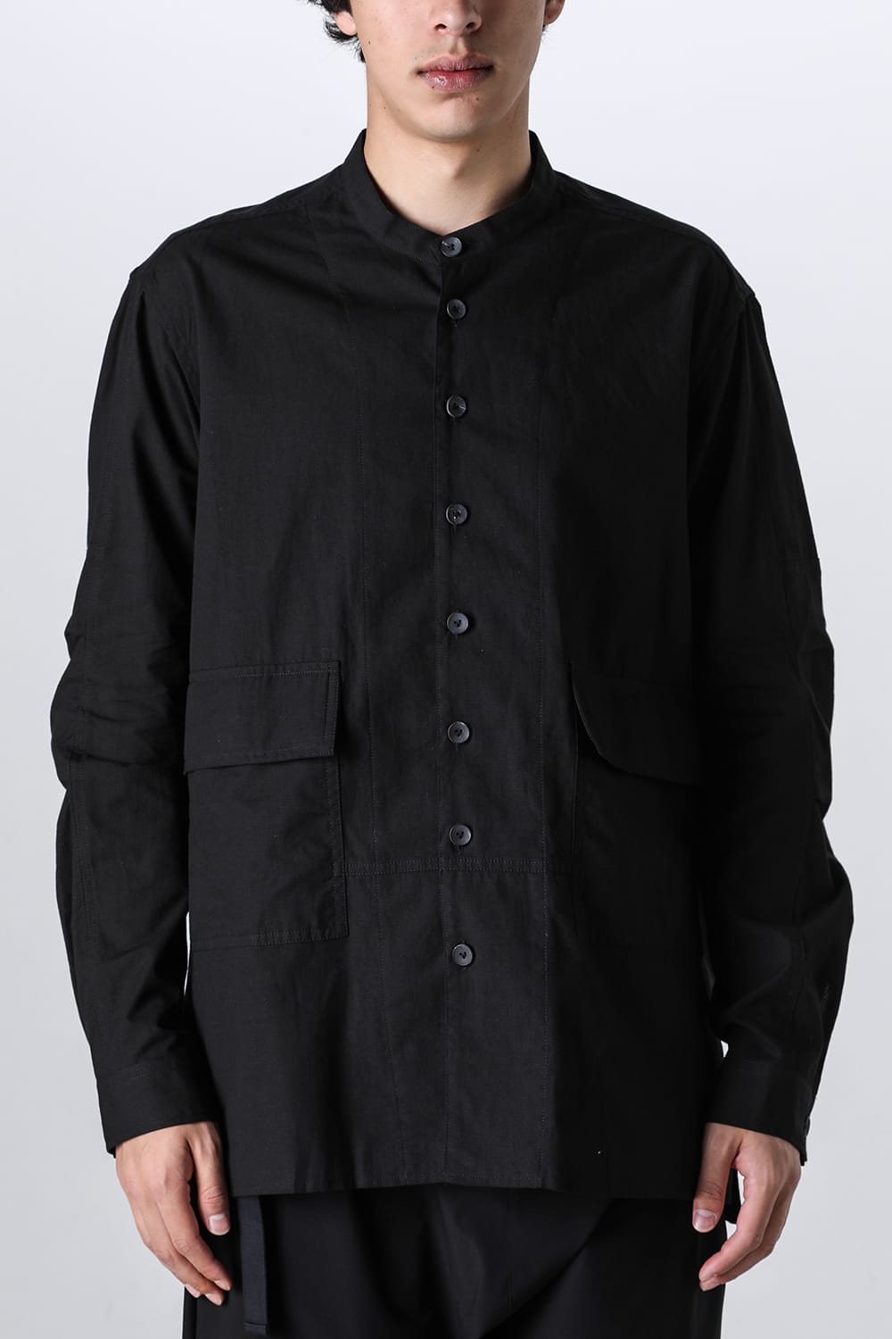 Cotton/Linen Band Collar Shirt  Black