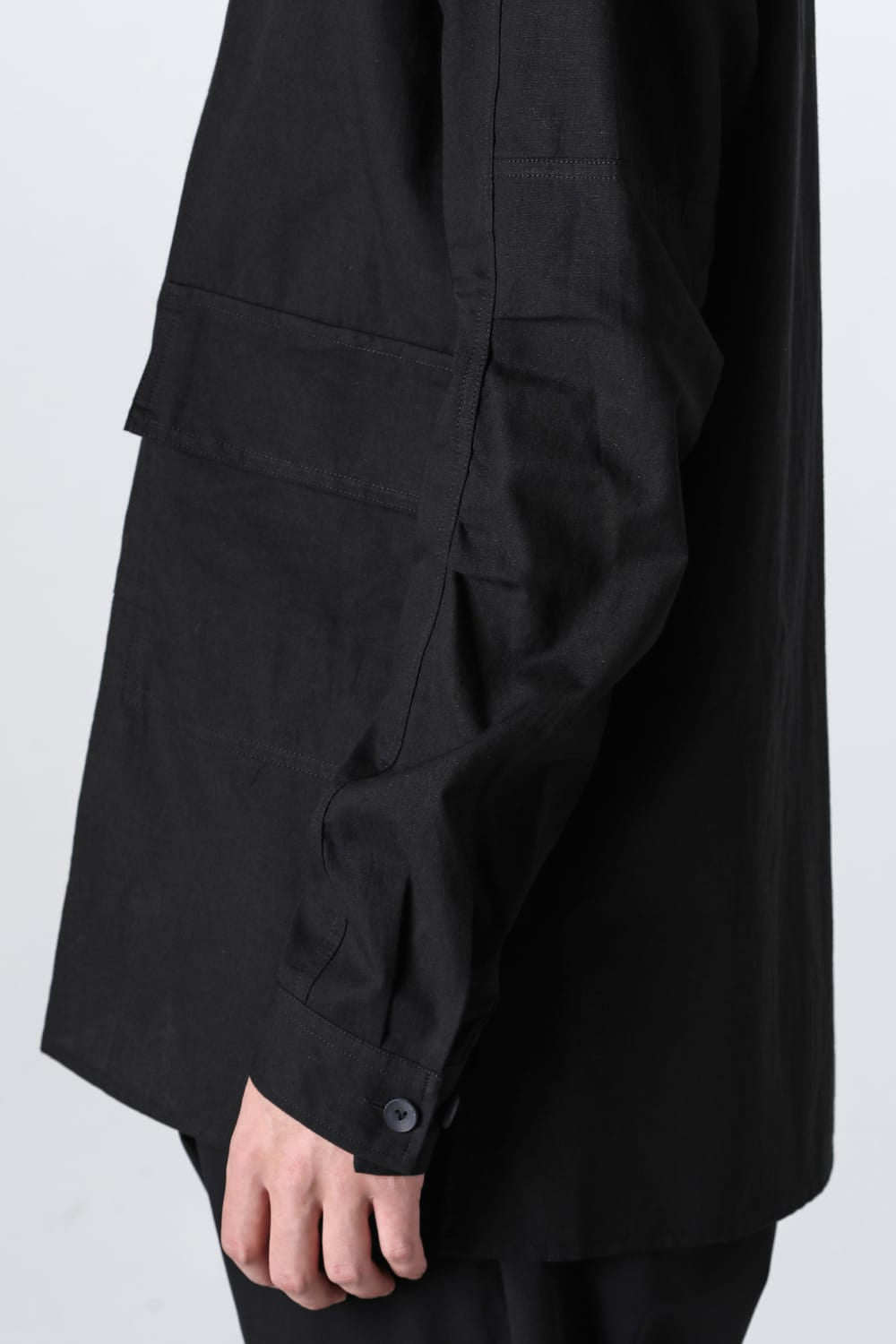 Cotton/Linen Band Collar Shirt  Black